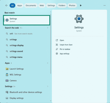Windows' Start menu with Settings highlighted.
